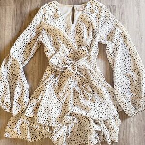 Japna Cream and Black Patterned Long Sleeve Dress